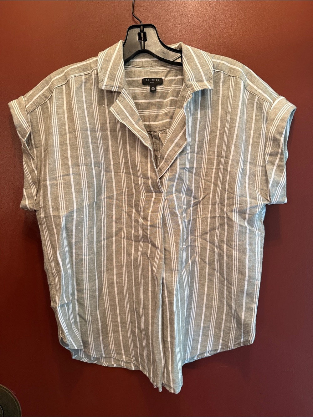 Talbots Taupe and White Striped Short-Sleeve Button-Down Shirt